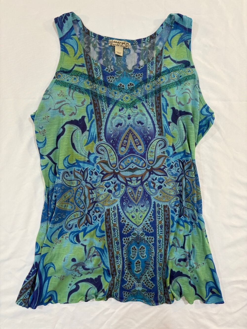 Y2K energe world wear Green & Blue Embellished Tank Top Size Large Petite